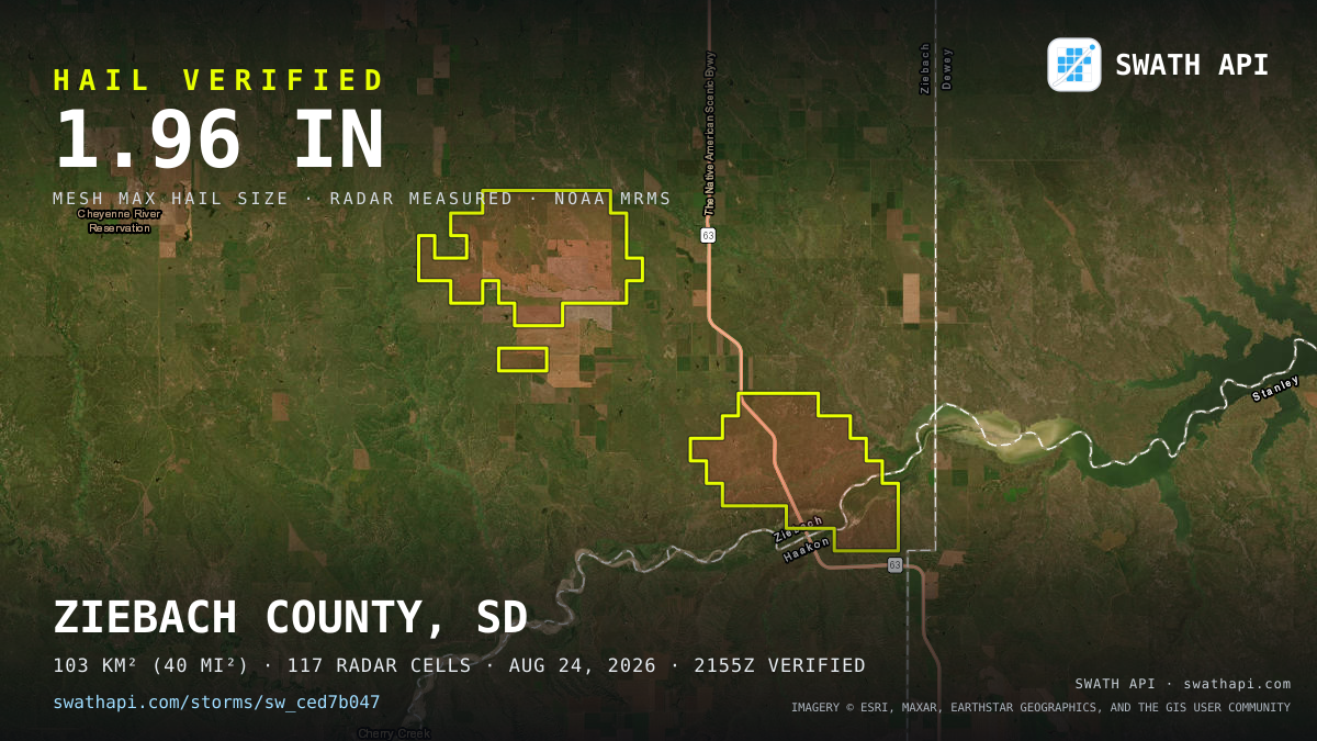 Storm card: 1.3–2" hail crossed Ziebach County, SD — August 24, 2026