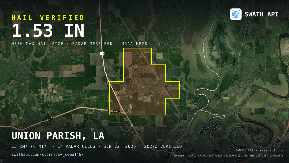 Storm card: 1.1–1.5" hail crossed Union Parish, LA — September 22, 2026