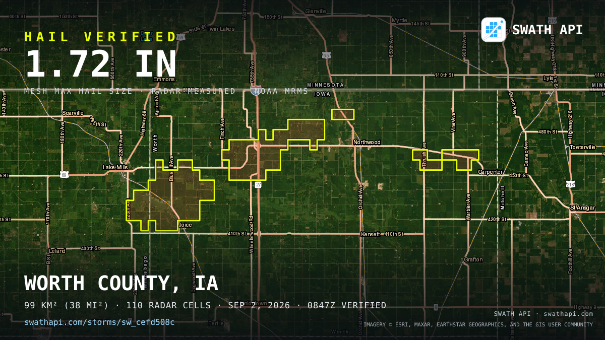 Storm card: 1.1–1.7" hail crossed Worth County, IA — September 2, 2026