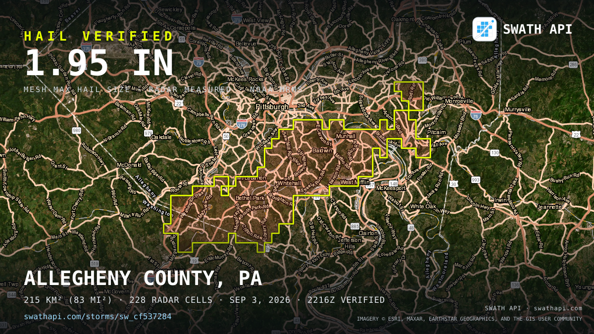 Storm card: 1.1–2" hail crossed Allegheny County, PA — September 3, 2026