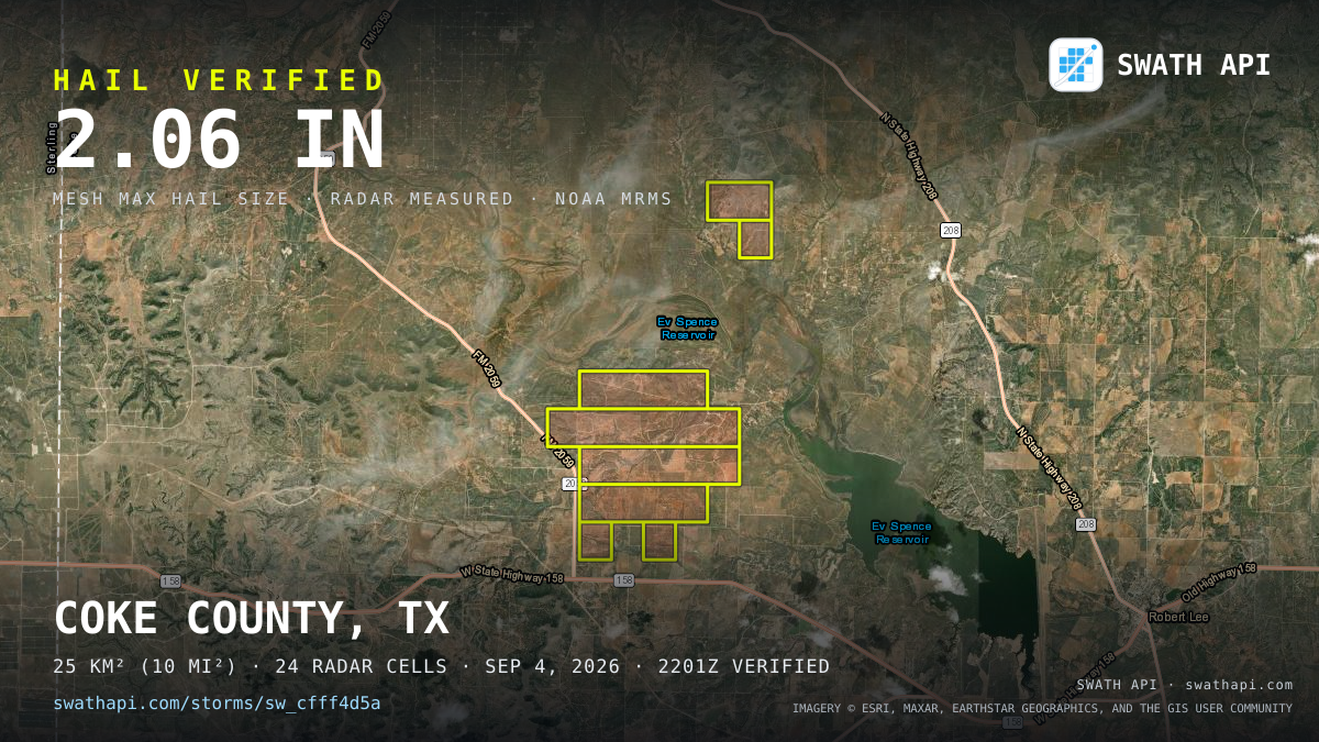 Storm card: 1.3–2.1" hail crossed Coke County, TX — September 4, 2026