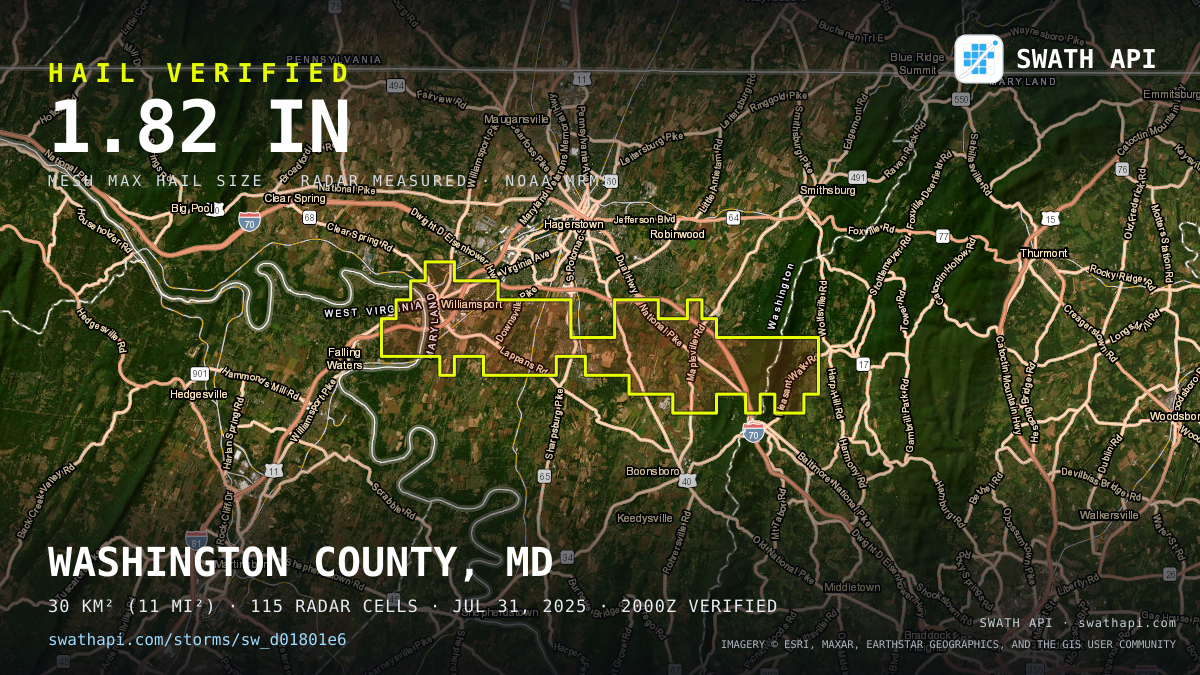 Storm card: 1.3–1.8" hail crossed Washington County, MD — July 31, 2025