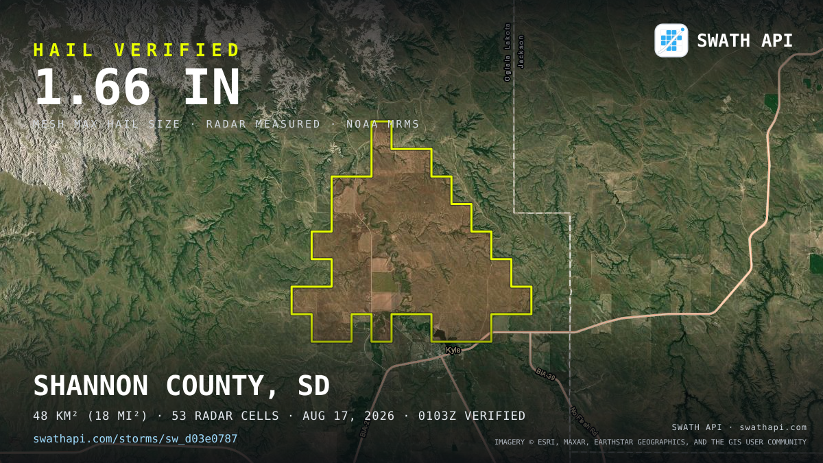 Storm card: 1.2–1.7" hail crossed Shannon County, SD — August 17, 2026
