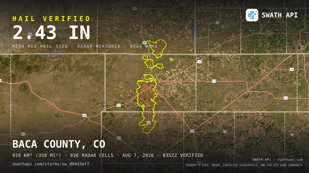 Storm card: 1.4–2.4" hail crossed Cimarron County, OK — August 7, 2026