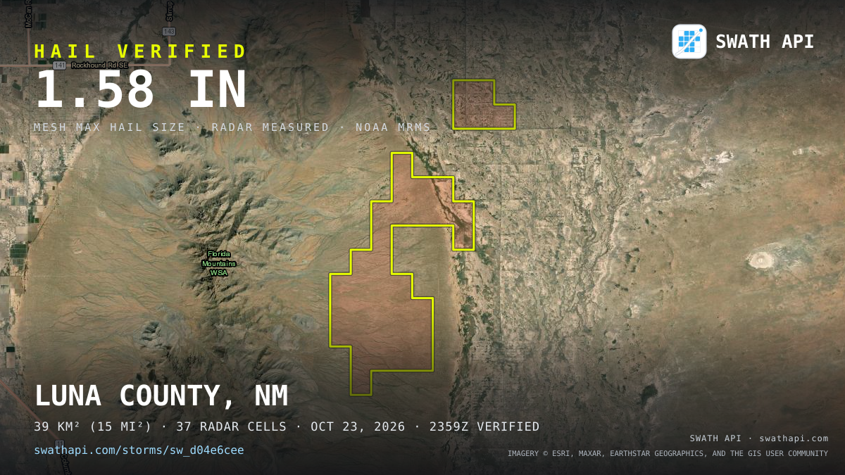 Storm card: 1.1–1.6" hail crossed Luna County, NM — October 23, 2026