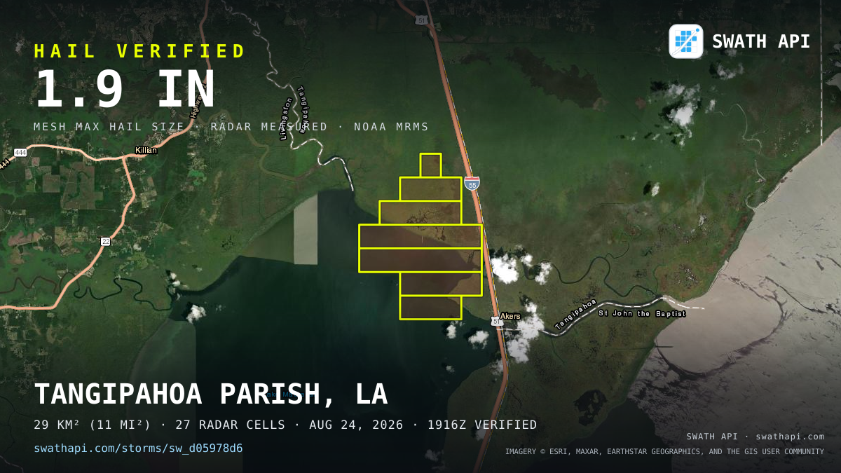 Storm card: 1.1–1.9" hail crossed Livingston Parish, LA — August 24, 2026
