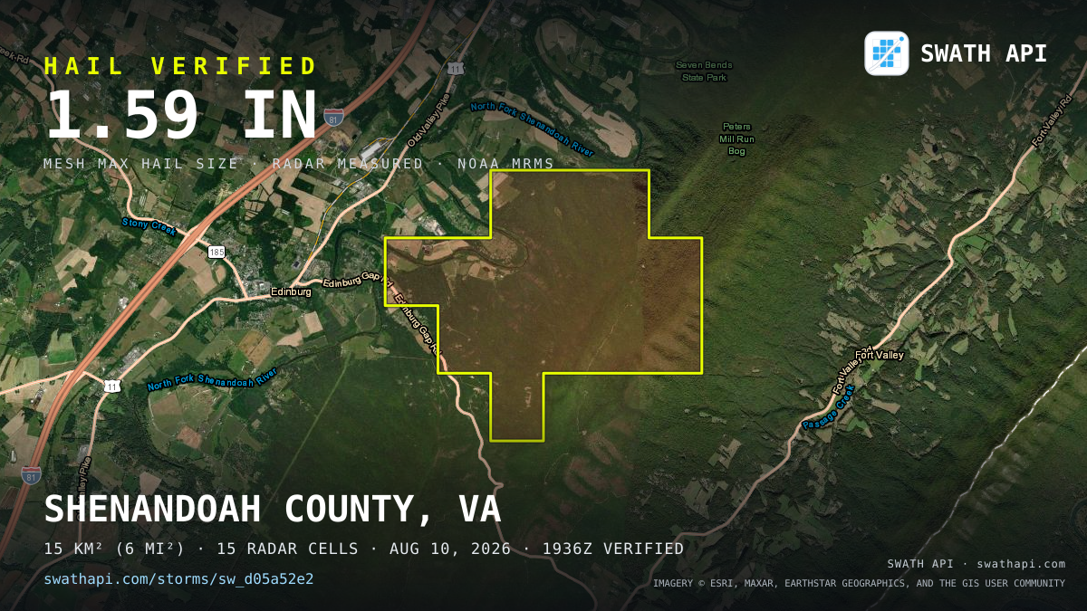 Storm card: 1.3–1.6" hail crossed Shenandoah County, VA — August 10, 2026
