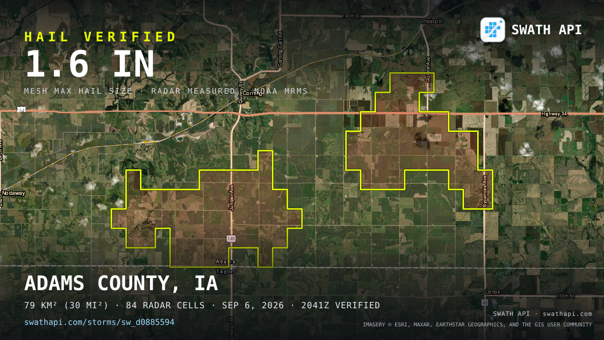 Storm card: 1.1–1.6" hail crossed Adams County, IA — September 6, 2026