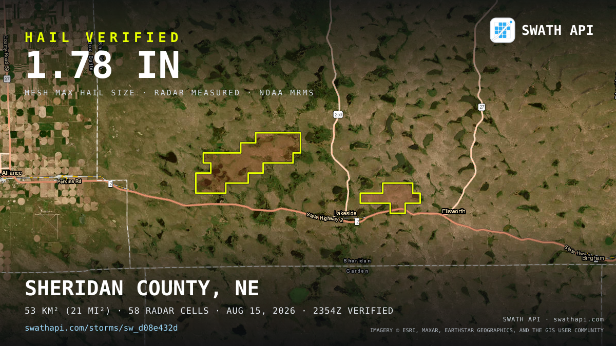 Storm card: 1.1–1.8" hail crossed Sheridan County, NE — August 15, 2026