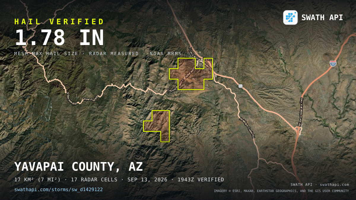 Storm card: 1.2–1.8" hail crossed Yavapai County, AZ — September 13, 2026