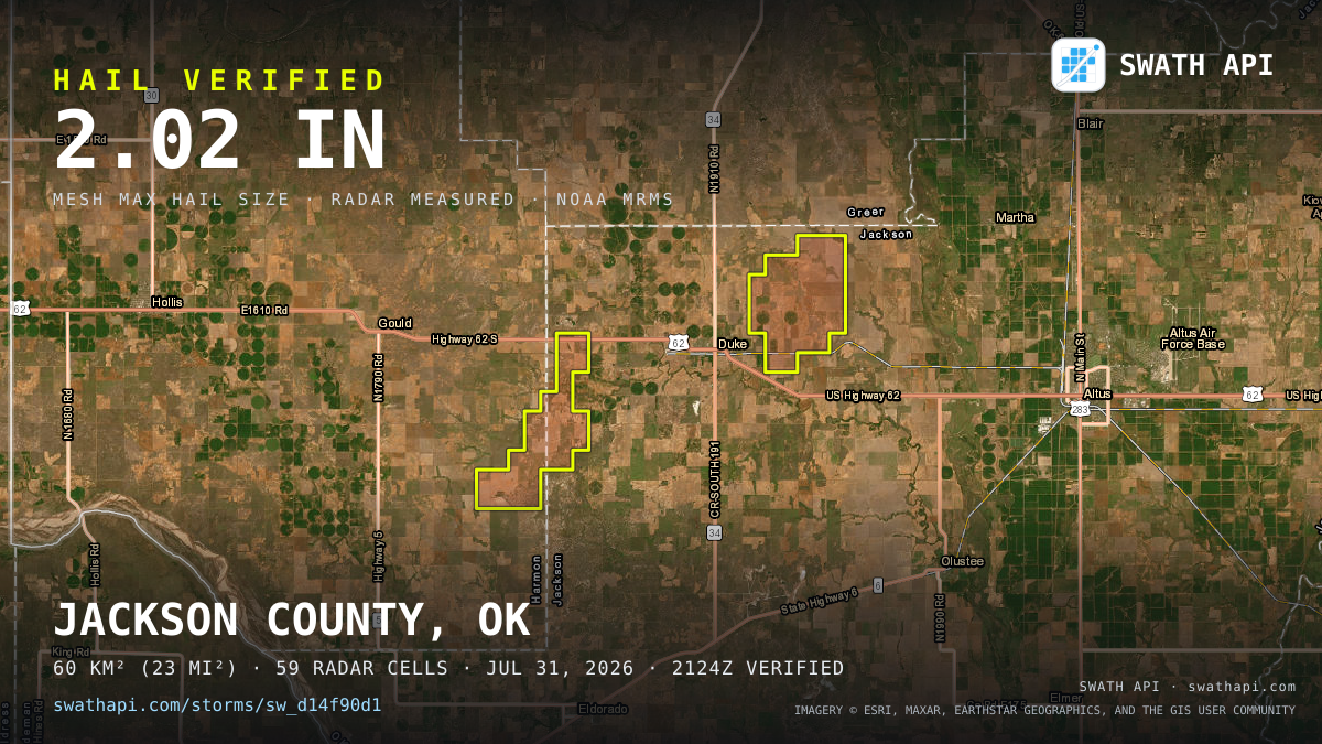 Storm card: 1.1–2" hail crossed Jackson County, OK — July 31, 2026
