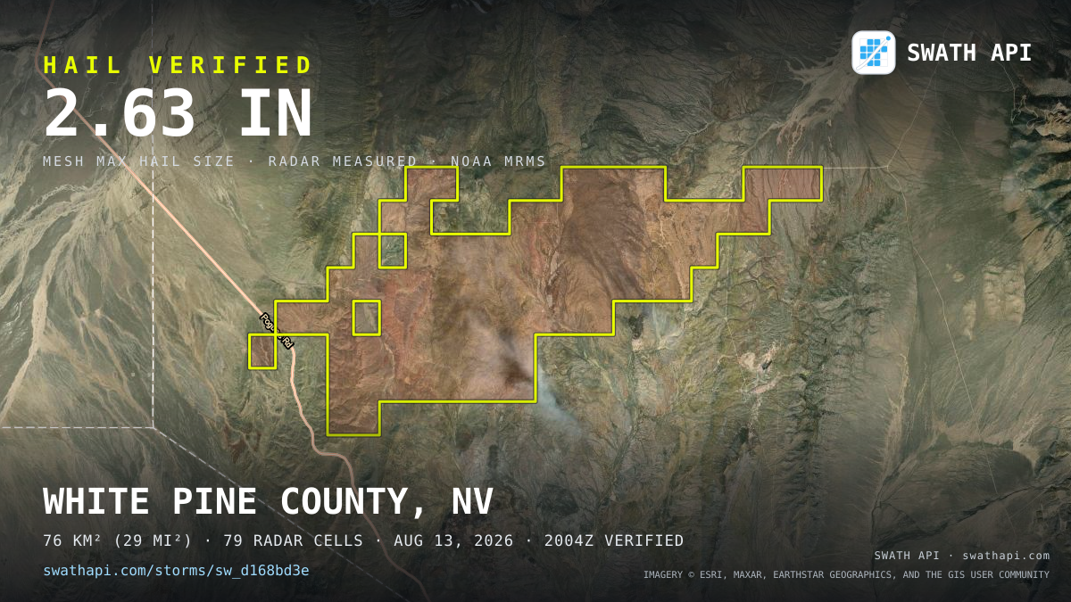 Storm card: 1.4–2.6" hail crossed White Pine County, NV — August 13, 2026