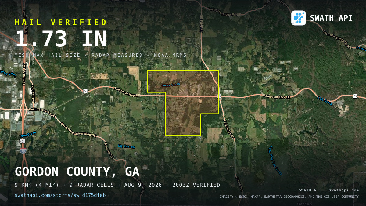 Storm card: 1.2–1.7" hail crossed Gordon County, GA — August 9, 2026