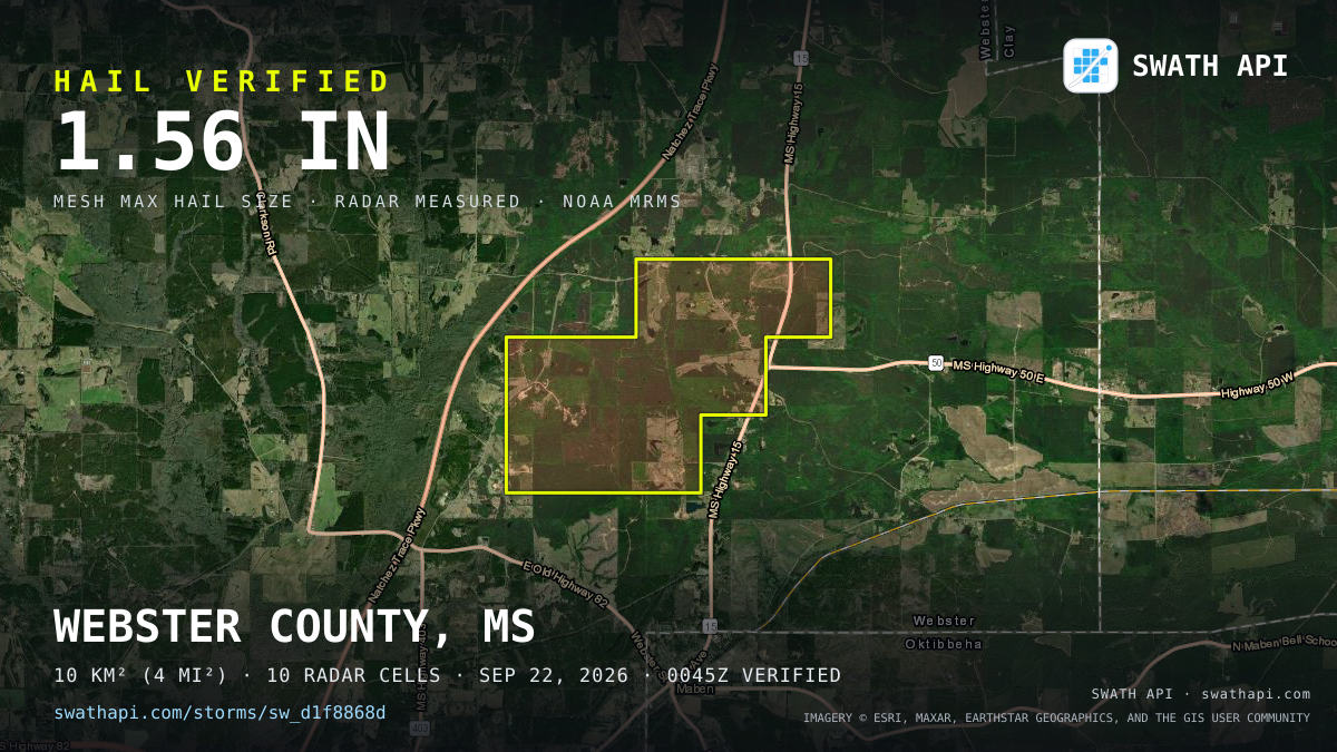 Storm card: 1.1–1.6" hail crossed Webster County, MS — September 22, 2026