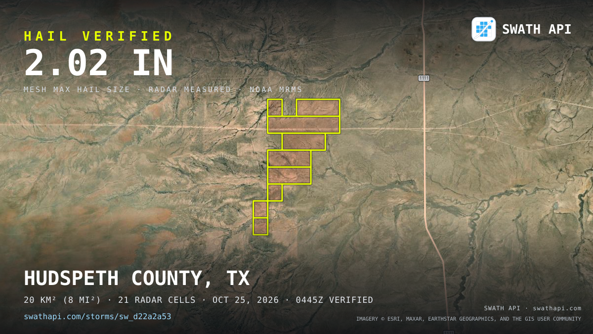 Storm card: 1.3–2" hail crossed Hudspeth County, TX — October 25, 2026