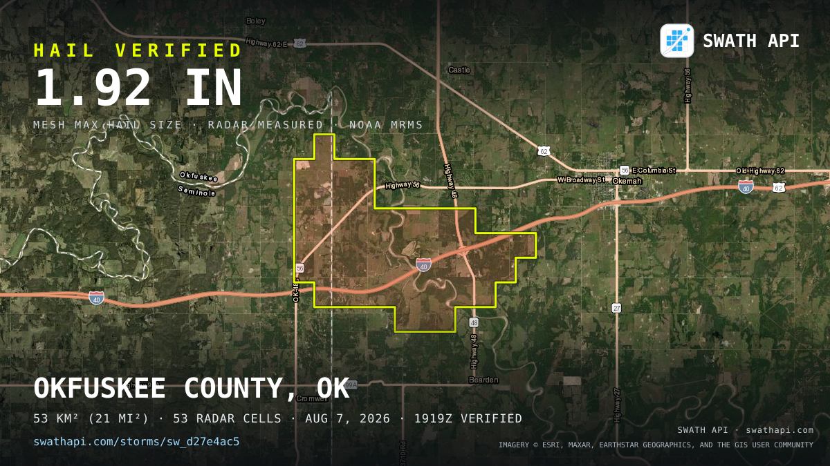 Storm card: 1.3–1.9" hail crossed Okfuskee County, OK — August 7, 2026