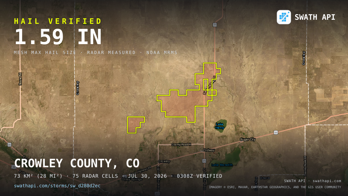 Storm card: 1.2–1.6" hail crossed Crowley County, CO — July 30, 2026