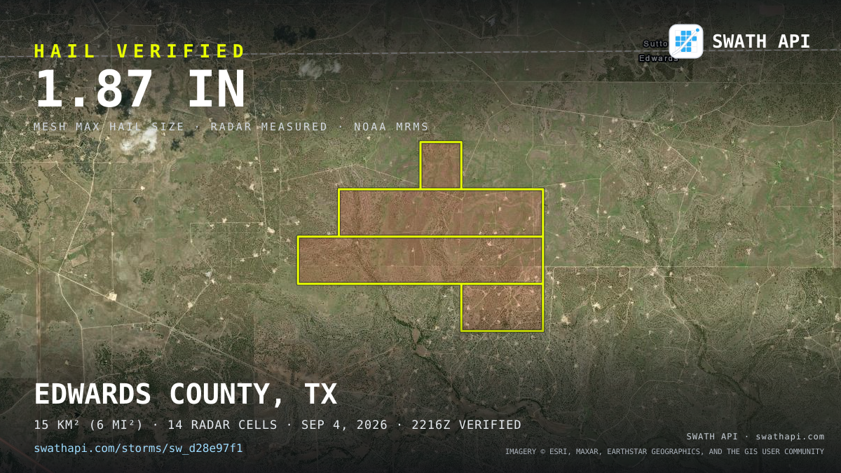 Storm card: 1.3–1.9" hail crossed Edwards County, TX — September 4, 2026