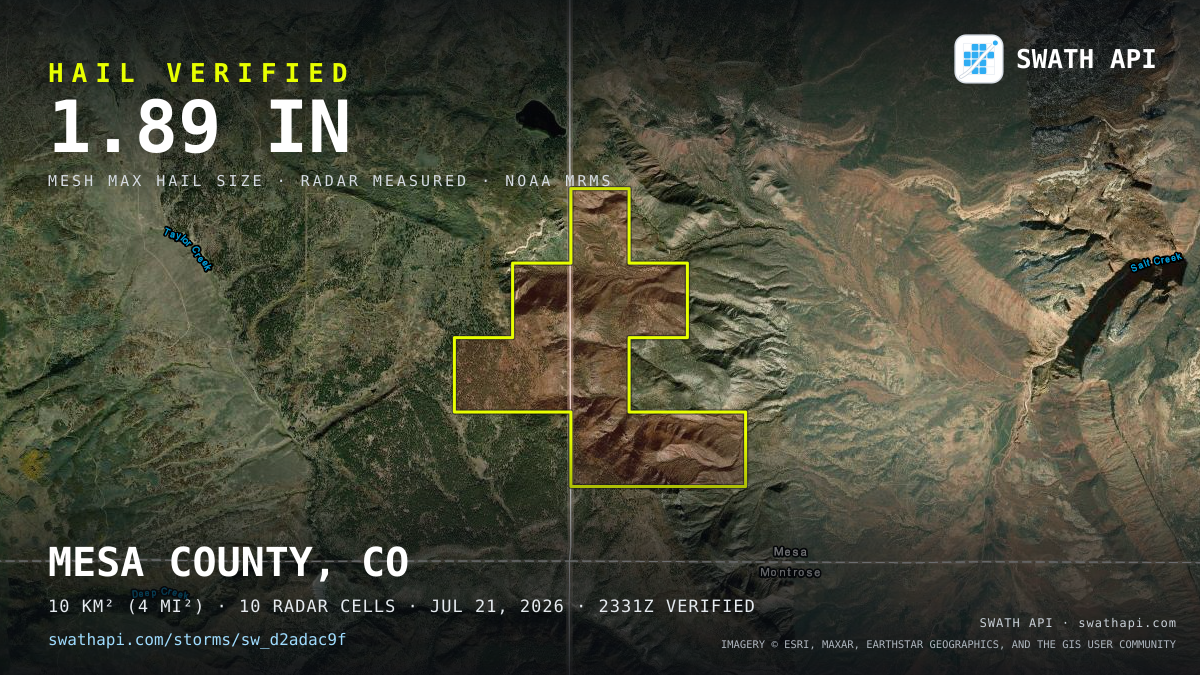 Storm card: 1.5–1.9" hail crossed Mesa County, CO — July 21, 2026