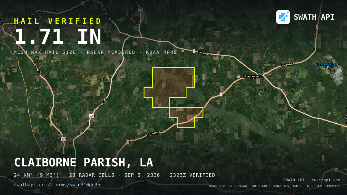 Storm card: 1.1–1.7" hail crossed Claiborne Parish, LA — September 6, 2026