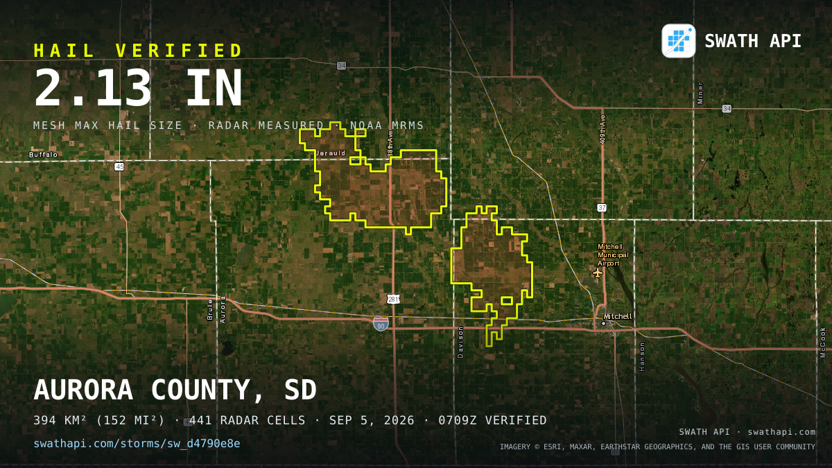 Storm card: 1.1–2.1" hail crossed Aurora County, SD — September 5, 2026