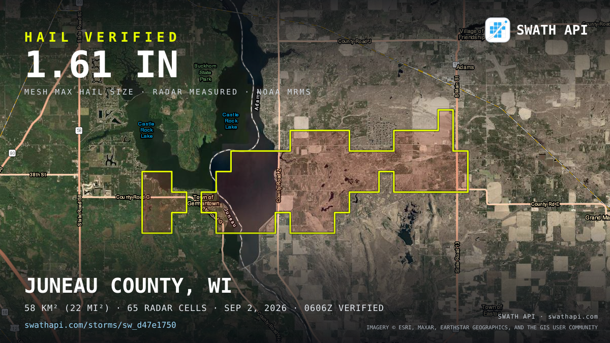 Storm card: 1.1–1.6" hail crossed Adams County, WI — September 2, 2026