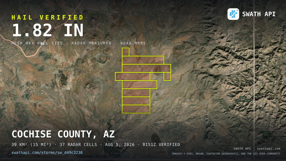 Storm card: 1–3.3" hail crossed Cochise County, AZ — August 5, 2026