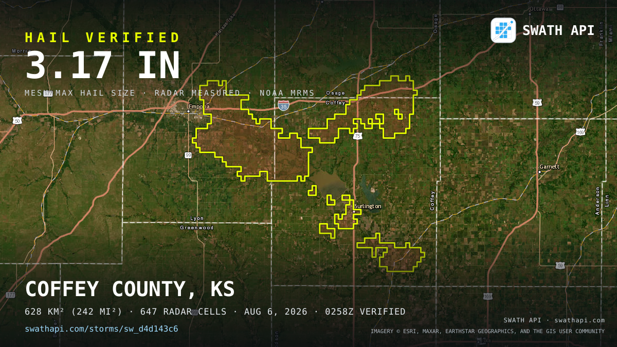 Storm card: 1.2–3.2" hail crossed Coffey County, KS — August 6, 2026