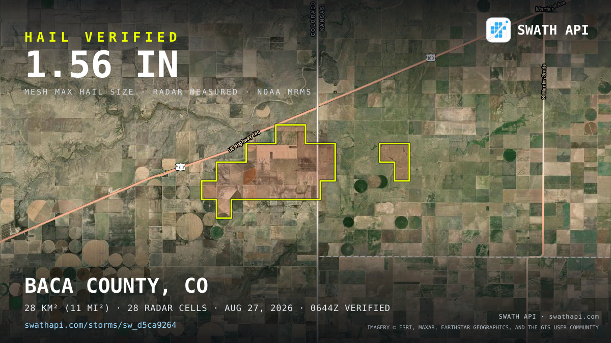 Storm card: 1.1–1.6" hail crossed Baca County, CO — August 27, 2026