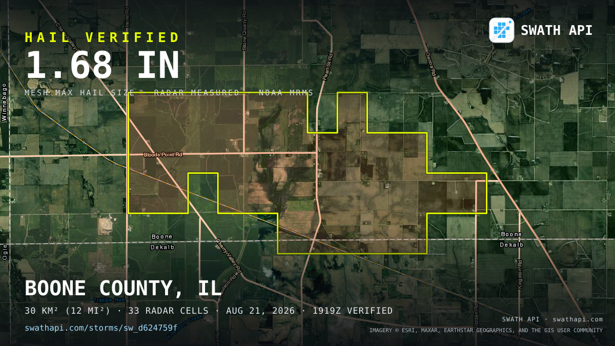 Storm card: 1.2–1.7" hail crossed Boone County, IL — August 21, 2026