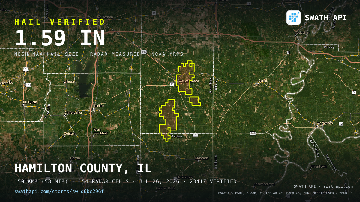 Storm card: 1.1–1.6" hail crossed Hamilton County, IL — July 26, 2026