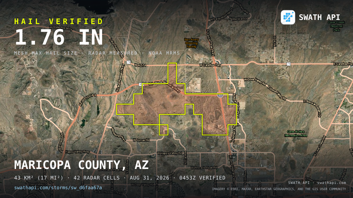 Storm card: 1.4–1.8" hail crossed Maricopa County, AZ — August 31, 2026