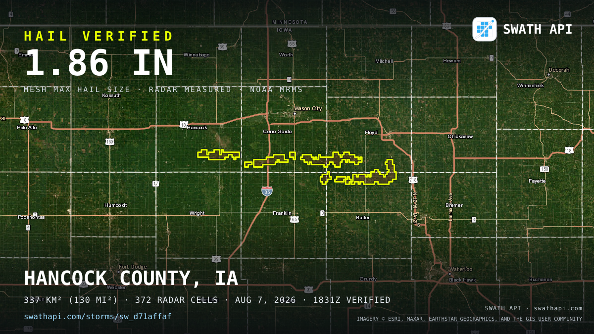 Storm card: 1.1–1.9" hail crossed Cerro Gordo County, IA — August 7, 2026