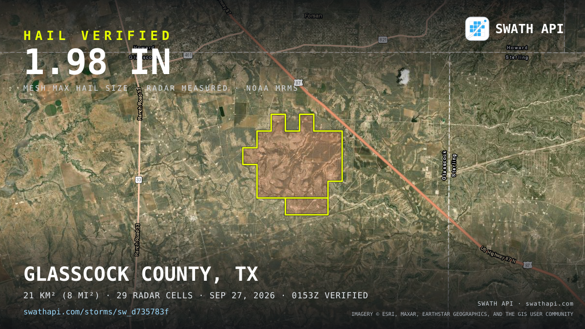 Storm card: 1.2–2.9" hail crossed Glasscock County, TX — September 27, 2026