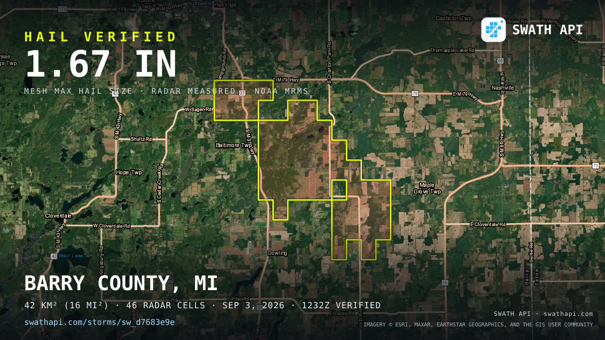 Storm card: 1.1–1.7" hail crossed Barry County, MI — September 3, 2026