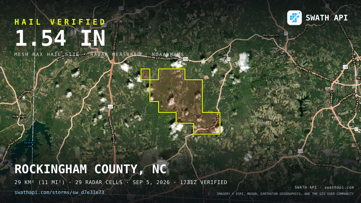 Storm card: 1.2–1.5" hail crossed Rockingham County, NC — September 5, 2026