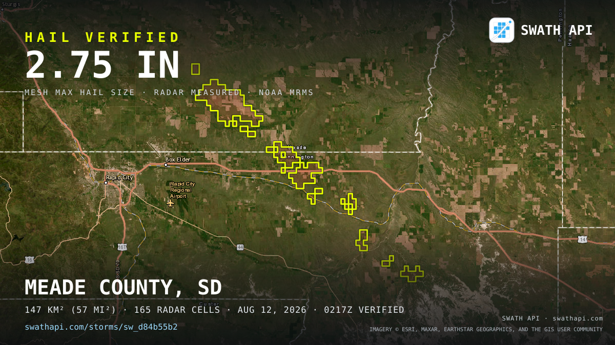 Storm card: 1.1–2.8" hail crossed Meade County, SD — August 12, 2026