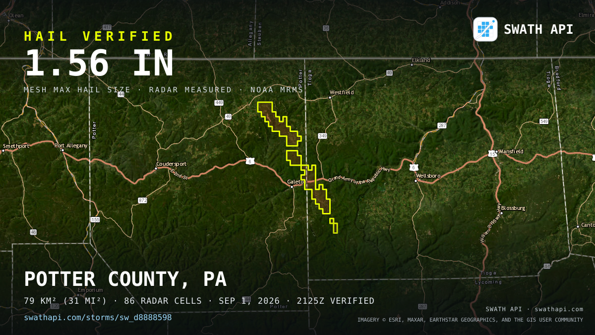 Storm card: 1.1–1.6" hail crossed Potter County, PA — September 1, 2026