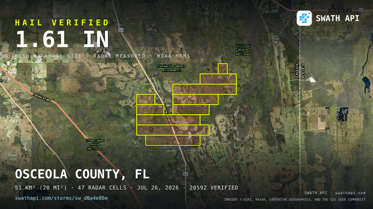 Storm card: 1.2–1.6" hail crossed Osceola County, FL — July 26, 2026