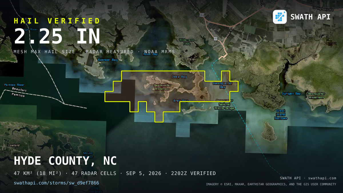 Storm card: 1.3–2.3" hail crossed Hyde County, NC — September 5, 2026