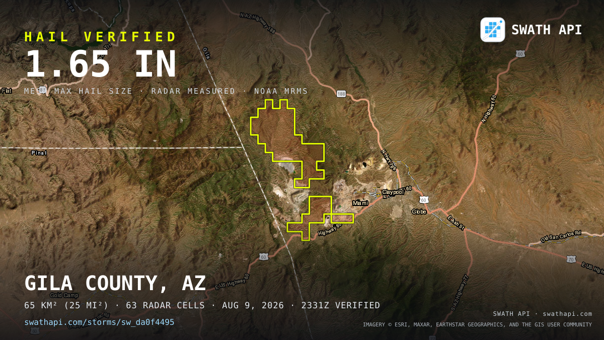 Storm card: 1.2–1.7" hail crossed Gila County, AZ — August 9, 2026