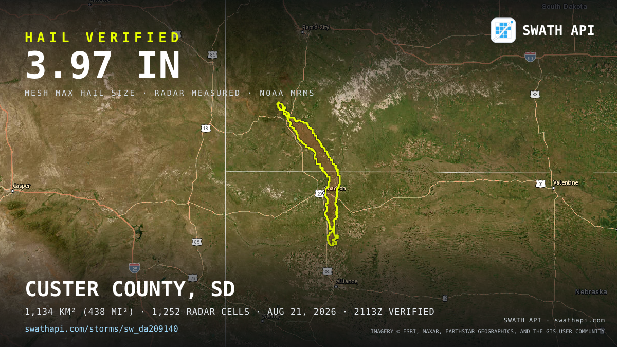 Storm card: 1.2–4" hail crossed Fall River County, SD — August 21, 2026