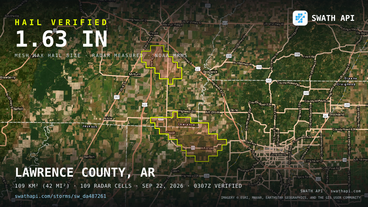 Storm card: 1.1–1.6" hail crossed Lawrence County, AR — September 22, 2026