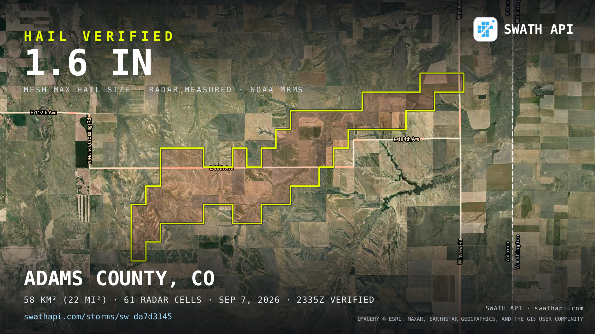 Storm card: 1.2–1.6" hail crossed Adams County, CO — September 7, 2026