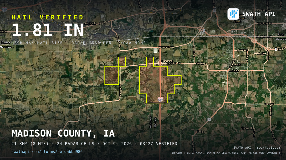 Storm card: 1.2–1.9" hail crossed Warren County, IA — October 9, 2026
