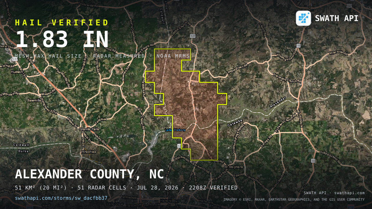 Storm card: 1.2–1.8" hail crossed Alexander County, NC — July 28, 2026