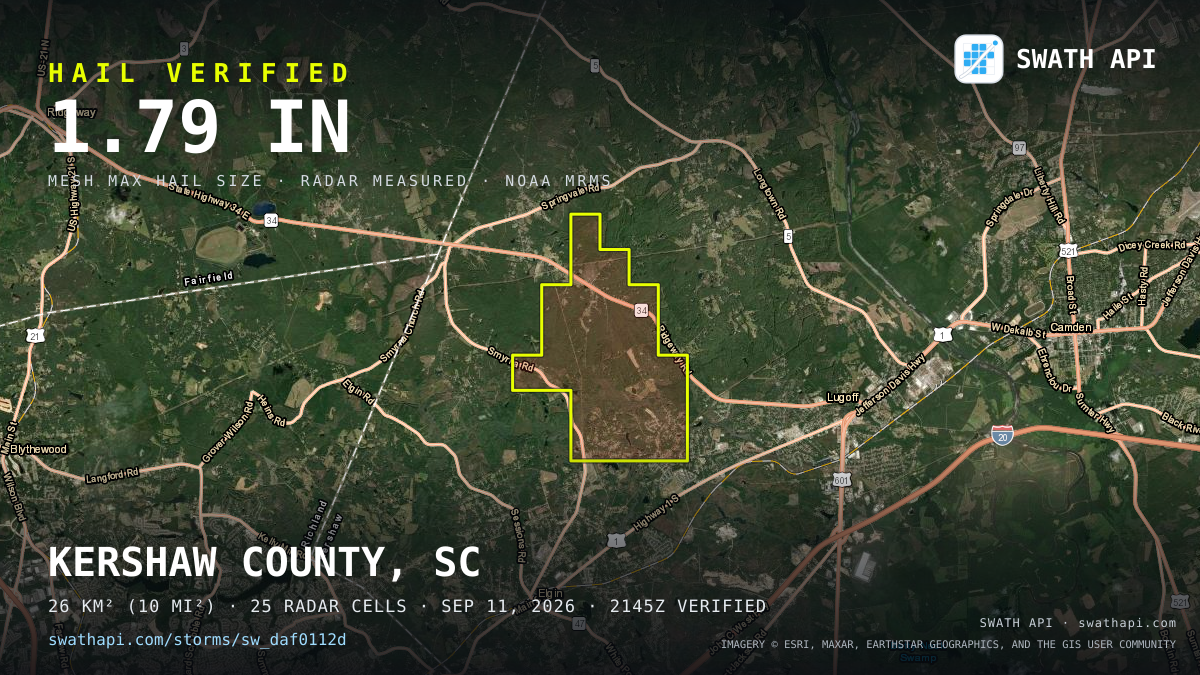 Storm card: 1–1.8" hail crossed Kershaw County, SC — September 11, 2026