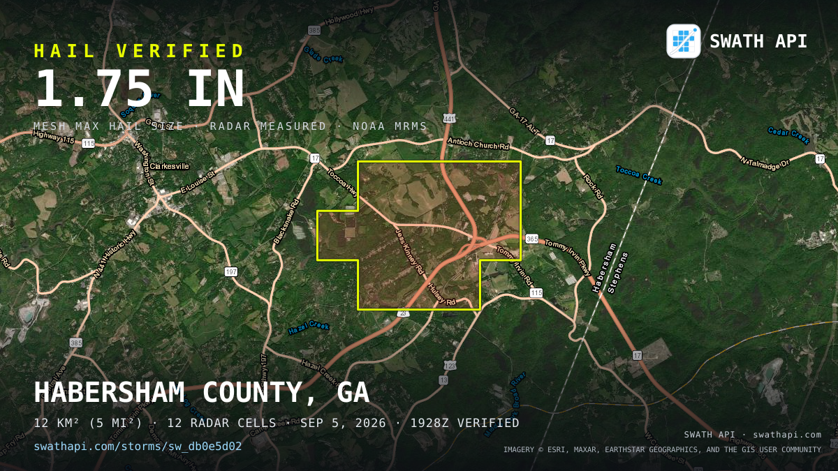 Storm card: 1.2–1.8" hail crossed Habersham County, GA — September 5, 2026