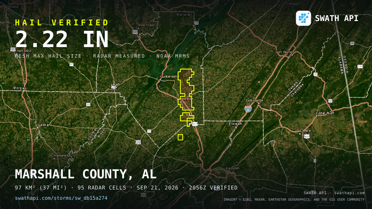 Storm card: 1–2.2" hail crossed Marshall County, AL — September 21, 2026