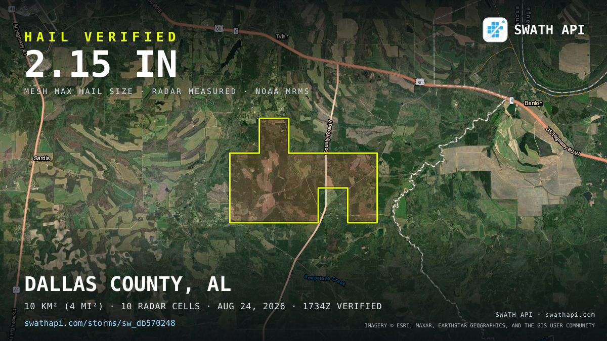 Storm card: 1.1–2.2" hail crossed Dallas County, AL — August 24, 2026